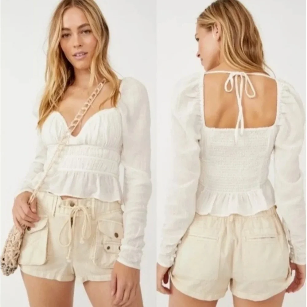 Free People Cloe Smocked Corset Top White Cotton Wired Sweetheart Neck Line SZ M